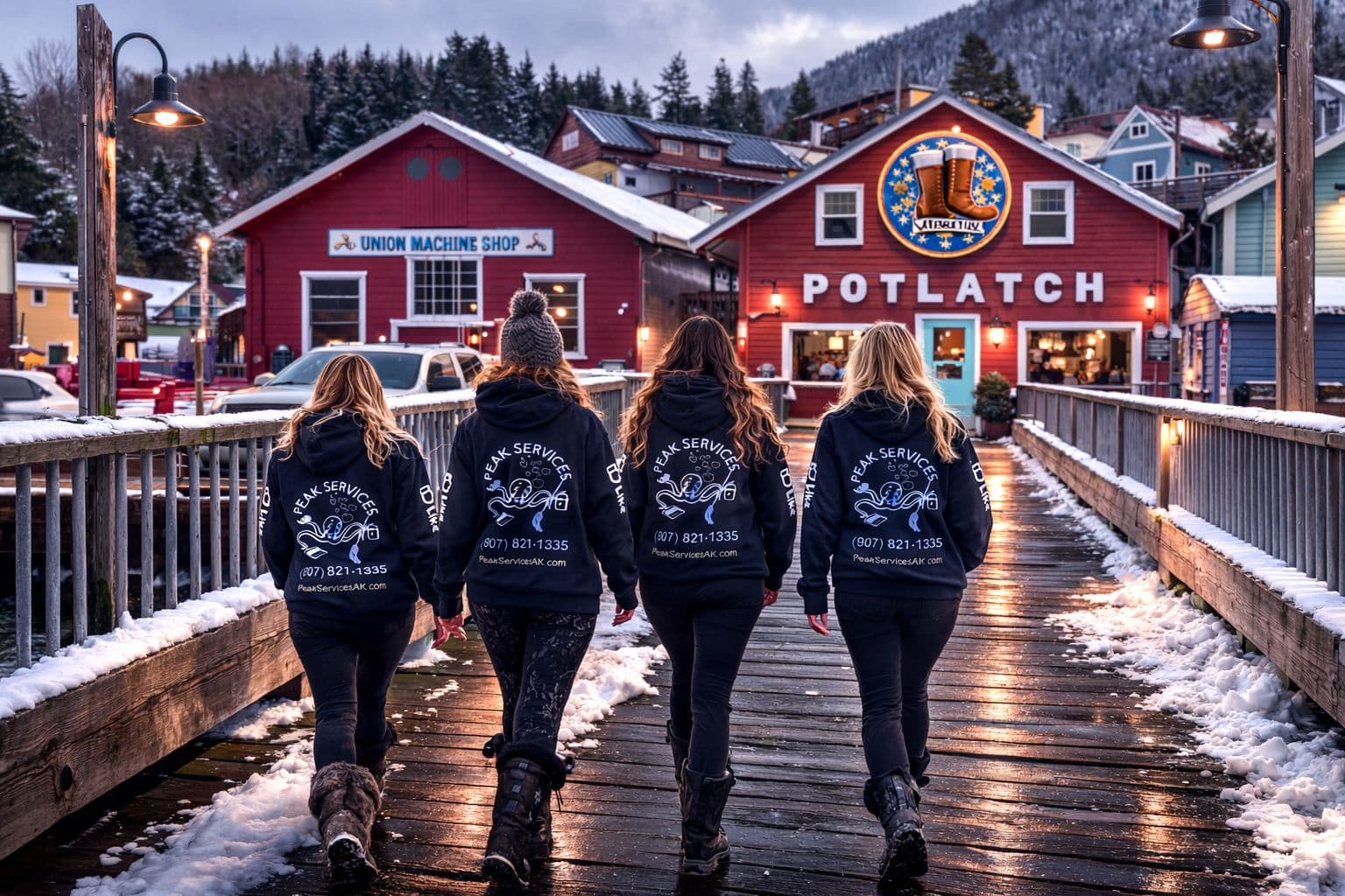 The Peak Services crew on the boardwalk in downtown Ketchikan